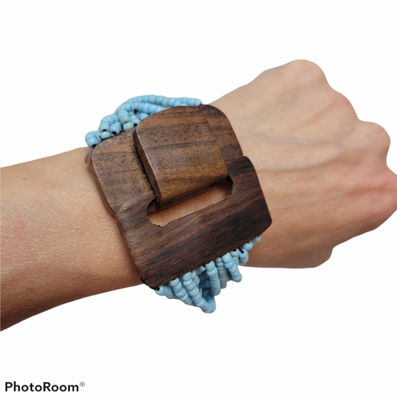 Stretch Cuff Style Real Wood Walnut Statement Bracelet - Picture 2 of 8